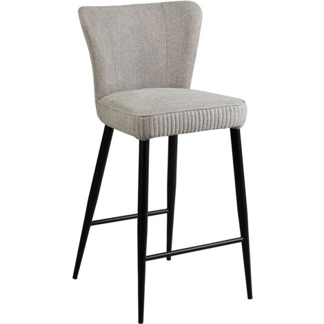 MAURINE - Tabouret de Bar Tissu Gris Clair Chiné Pieds Métal Noir Mat