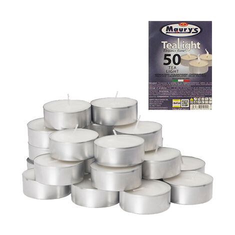 MAURY'S CANDELINE TEA LIGHT 50PZ BIANCHE SENZA PROFUMO BASE IN METALLO