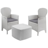MAURY'S SALOTTO SET DA GIARDINO IN RESINA TREE TAVOLINO + 2 POLTRONE + CUSCINI COLORE BIANCO EFFETTO RATTAN