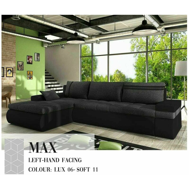 Max Left Hand Facing Corner Sofa Bed - Dark Grey & Black