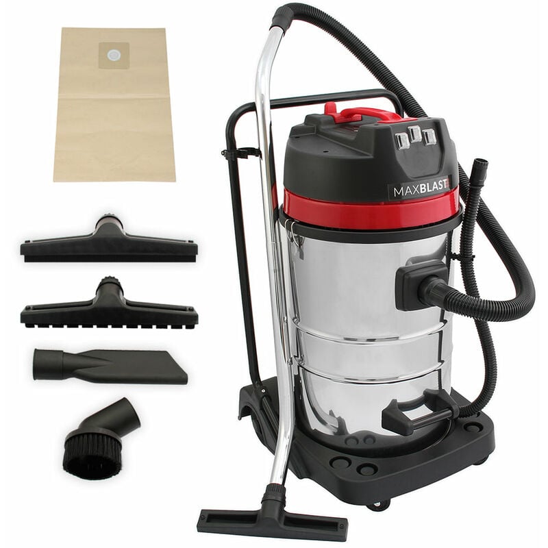 Maxblast Aspirateur Industriel de 80 Litres 3000W en Acier Inoxydable et Accessoires, Aspirateur Sec & Humide, Sac à poussière Offert