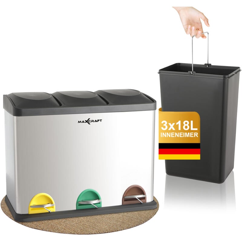Poubelle à pédale avec 3 Conteneurs et des Couvercles - 54 Litre (3 x 18 litre) - Maxcraft