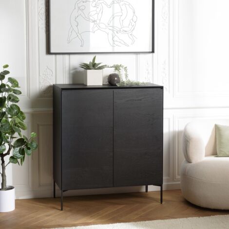 MAXENDRE - Buffet en bois noir 2 portes 3 étagères pieds métal noir