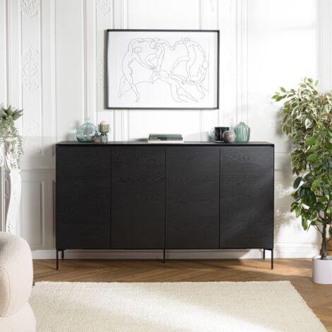 MAXENDRE - Buffet en bois noir 4 portes 6 étagères pieds métal noir