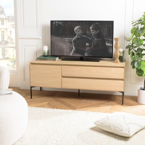 MAXENDRE - Meuble TV bois naturel 1 porte 2 tiroirs pieds métal noir