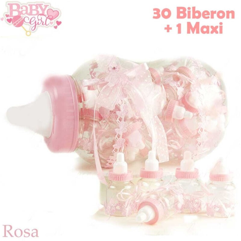 Image of Trade Shop Traesio - Maxi Biberon Porta Confetti Rosa Idea Nascita 30 Pezzi Baby +1 Maxi Battesimo -
