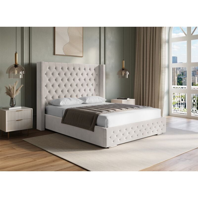 Maxi - Lit coffre en velours beige 160x200 cm maxi