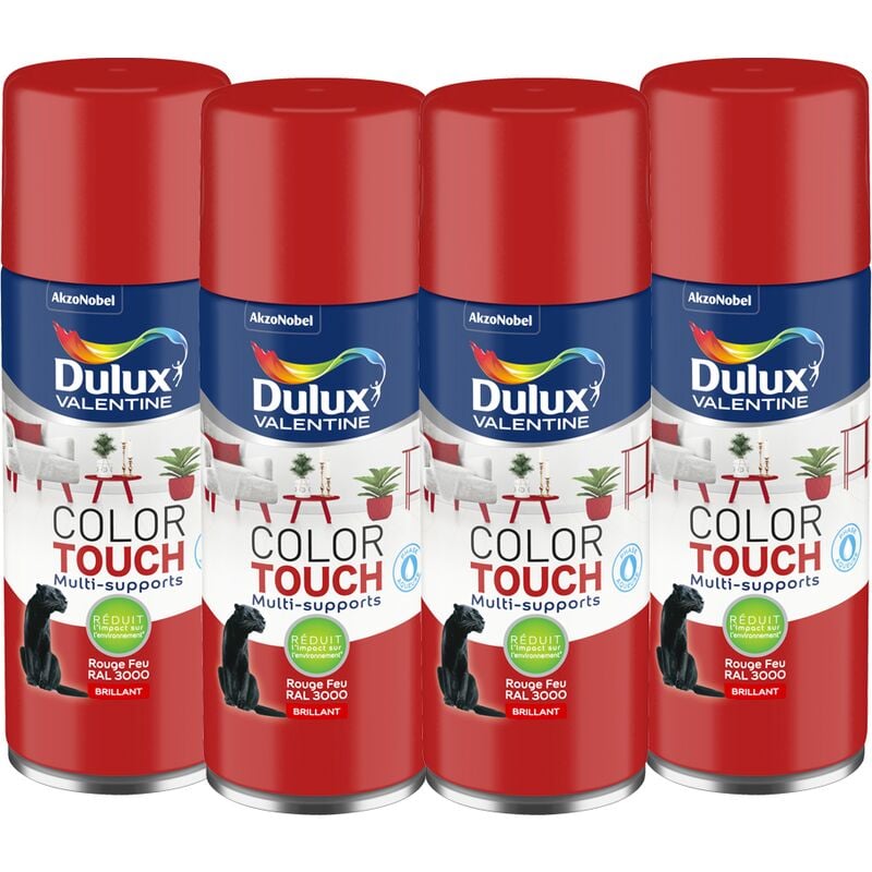 Maxi Pack 4 - Peinture aérosol Color Touch Multi-Supports - Brillant Rouge Feu 400 ml Dulux Valentine