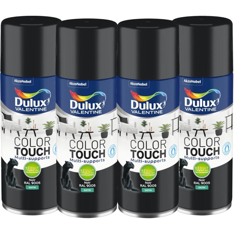 Dulux Valentine - Maxi Pack 4 - Peinture aérosol Color Touch Multi-Supports - Satin Noir 400 ml