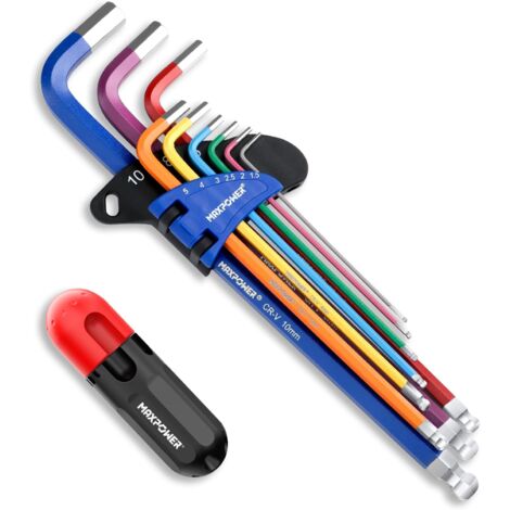 MAXPOWER Jeu de 9 clés Allen - Jeu de clés hexagonales SAE - Ensemble d'extrémité de boule à bras extra long métrique avec poignée en T