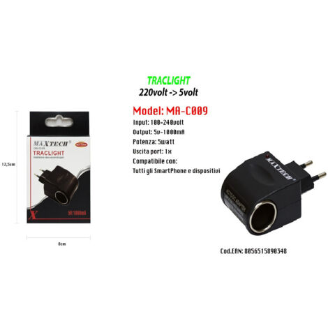 MaxTech - Adattatore Accendisigari Da Auto Casa Ricarica Smartphone Dispositivi 5v-1000ma Maxtech Ma-c009 -