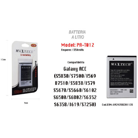 MaxTech - Batteria A Litio Per Galaxy Ace Compatibile Cellulare Smartphone 1350mah Maxtech Pa-t012 -