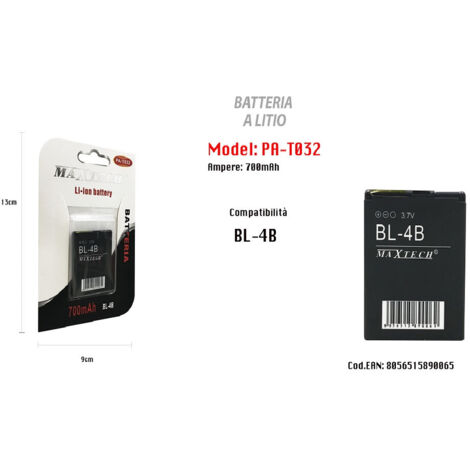 MaxTech - Batteria Compatibile Con Bl-4b Litio 700mah 3.7v Batteria Ricaricabile Maxtech Pa-t032 -