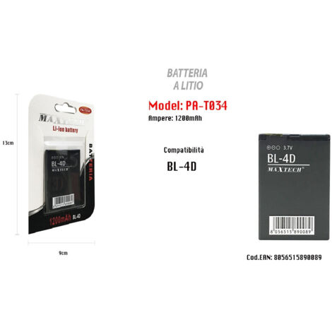 MaxTech - Batteria Litio Compatibile Per Bl-4d Smartphone 1200 Mah 3.7v Maxtech Pa-t034 -