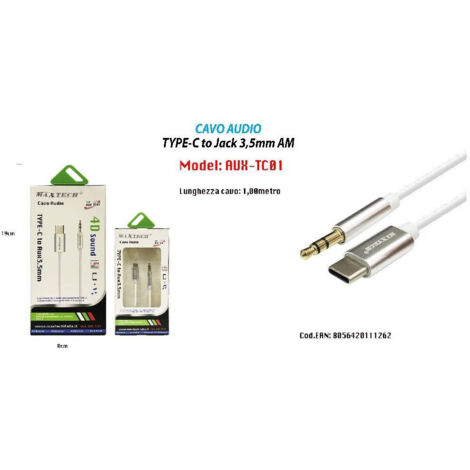 MaxTech - Cavo Adattatore Audio Cuffie Aux Jack 3,5mm Maschio A Type-c Maxtech Aux-tc01 -