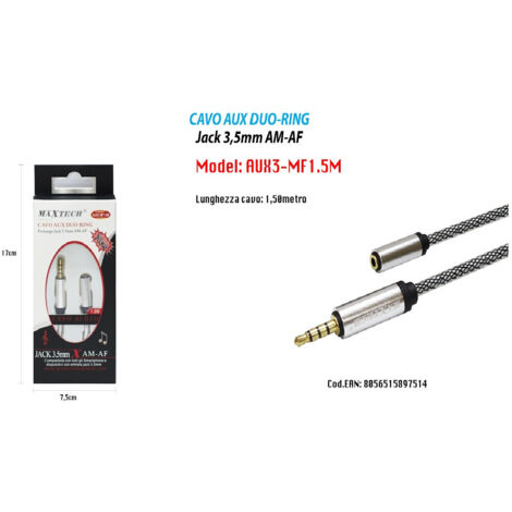 MaxTech - Cavo Audio Aux Duo-ring Prolunga Jack 3.5mm Am-af 1.5mt Smartphone Maxtech Aux3-mf1.5m -