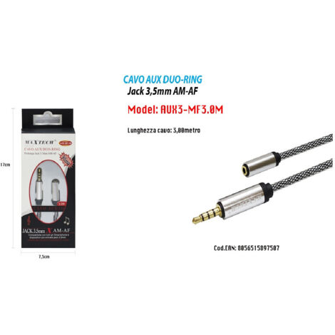 MaxTech - Cavo Audio Jack 3,5mm Maschio A Femmina Am/af 3mt Prolunga Aux Cuffie Maxtech Aux3-mf3.0m -
