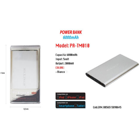 MaxTech - Power Bank Portatile 6000mah Per Smartphone Cellulare Tablet Maxtech Pa-tm010 -