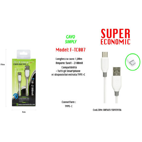 Maxtech Simple Type-c Compatible Usb Cable Pour Smartphones 5volt - 2100ma F-tc007
