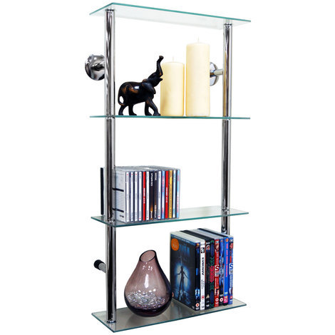 MAXWELL - Wall Mounted 4 Tier Glass 90 CD / 60 DVD Storage Shelves - Clear / Silver