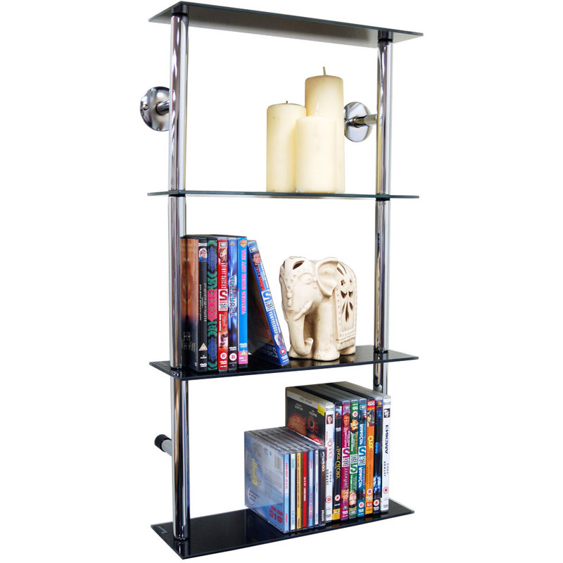 MAXWELL - Wall Mounted Glass 90 CD / 60 DVD Storage Shelves - Black / Silver
