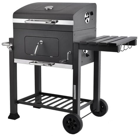 MaxxGarden Barbecue à charbon de bois en acier inoxydable à roulettes - Fumoir - Smoker Premium Mobile - Grille de Barbecue avec Couvercle - Grille chauffante - 118 cm - Noir