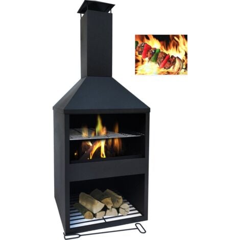 MaxxGarden Chimenea de jardín Helios - Chimenea de patio - Chimenea de jardín exterior - Estufa de patio - Con almacenamiento de leña - Con chimenea - Para relajarse - 118 x 45 cm - Negro