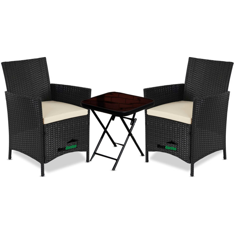 Maxxgarden - Ensemble de Jardin en Rattan - Ensemble de 2 Chaises de Jardin et Table Basse - Design en Osier - Noir - Incl. Coussins