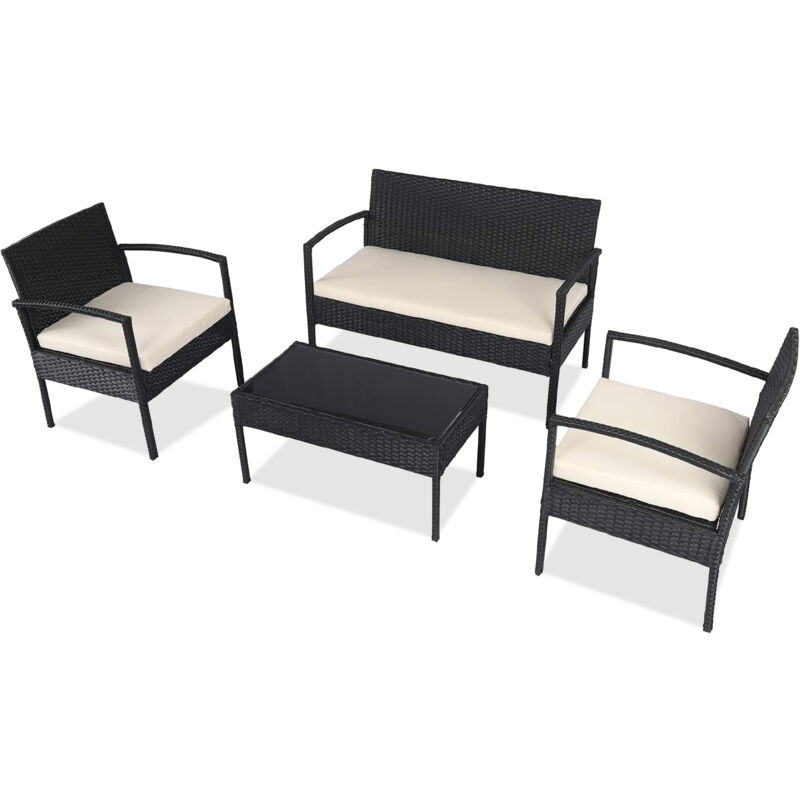 Maxxgarden - Salon de Jardin en Rotin - Salon 4 Places - Design en Osier - Incl. 3 Chaises de Jardin et 1 Table Basse - Noir