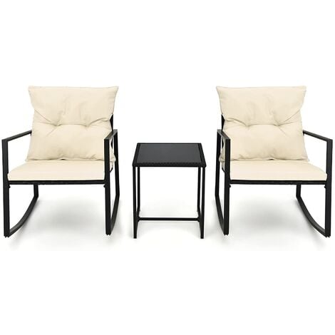 MaxxGarden Garden Set - Chaise à Bascule - 2 Personnes avec Coussin et Table - Rotin Noir