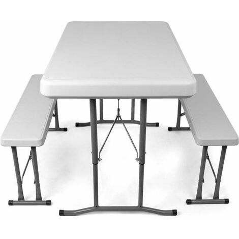 MaxxGarden Juego de mesa y 2 bancos de plástico plegables para tienda de cerveza y jardín, 105 x 62 cm