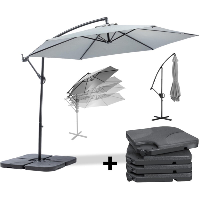Maxxgarden - Parasol Suspendu Deluxe - Parasol Suspendu Durable - Inclus : Dalles à Remplir - ø 300 cm - Gris