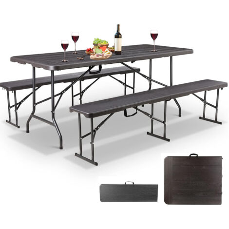 MaxxGarden Set di 1 tavolo e 2 panche pieghevoli da giardino - tavolo pieghevole - tavolo cameggio pieghevole - Per camping, picnic, grigliate e buffet - in HPDE - nero - 180 cm