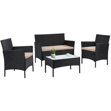 MaxxGarden Set di Mobili da Giardino in Polyrattan - Salotto da Giardino Esterno con 1 Tavolino in Vetro, 1 Panca, Set Giardino Esterno con Sedie e Cuscini Sfoderabili, Telaio in Acciaio