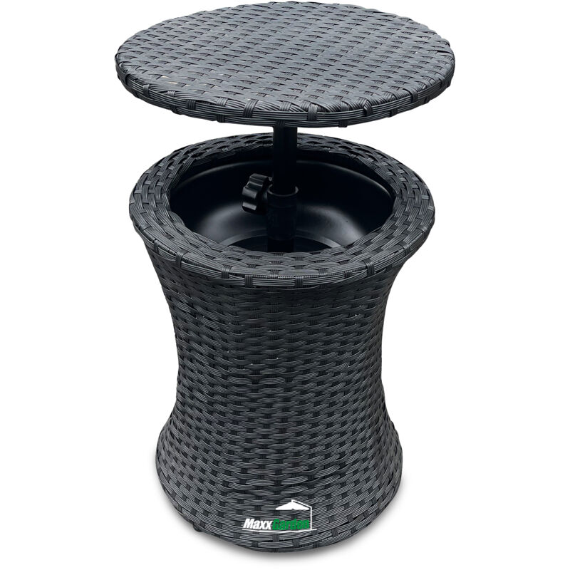 Maxxgarden - Table d'appoint en rotin - Seau à glace intégré avec couvercle - Table d'appoint ronde pour l'extérieur - Rotin - 42x54cm - Noir