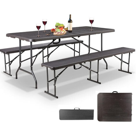 MAXXGARDEN Table Pliante - Table de Jardin - Ensemble de 1 Table et 2 Bancs Pliables - 180x74x74cm - Table Camping Pliante - Table Jardin Exterieur - Table Pliable - Noir
