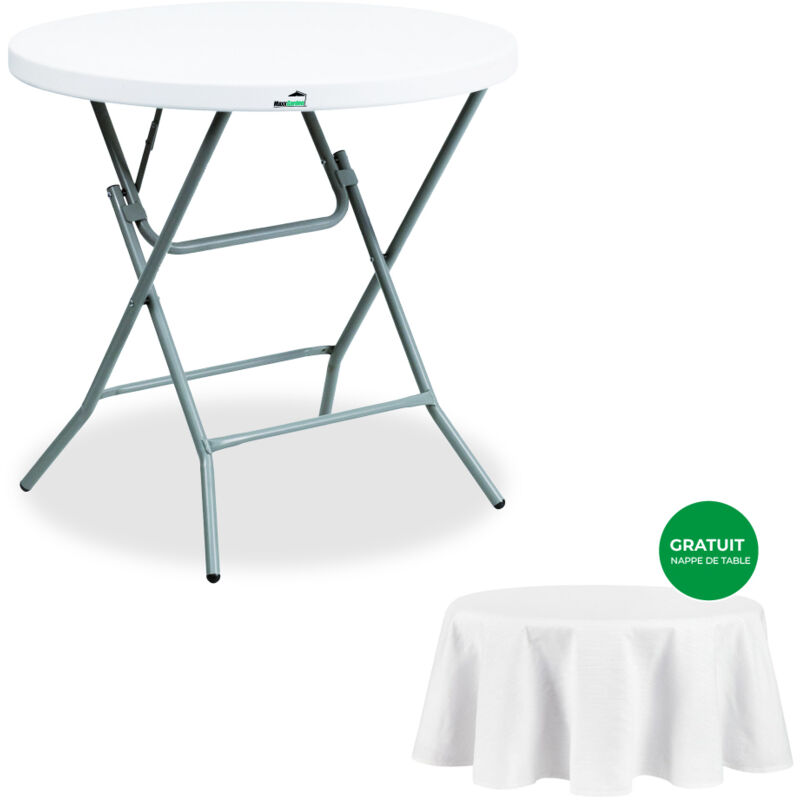 Maxxgarden - Table pliante - Table de jardin ronde pliable - Table rabattable - Table pliante - Table repliable - 60x74 cm - Blanc - Incl. Nappe