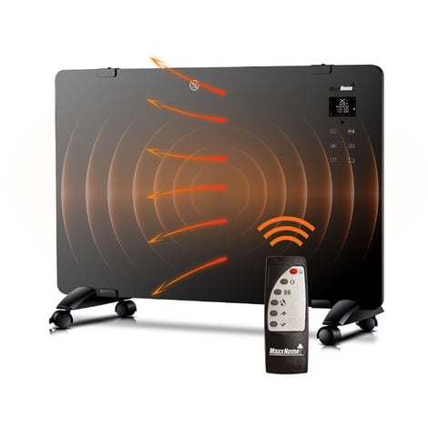 MaxxHome Convecteur en verre - Radiateur de salle de bain - Télécommande incluse - Écran tactile + LCD - 2000W - Noir - Black