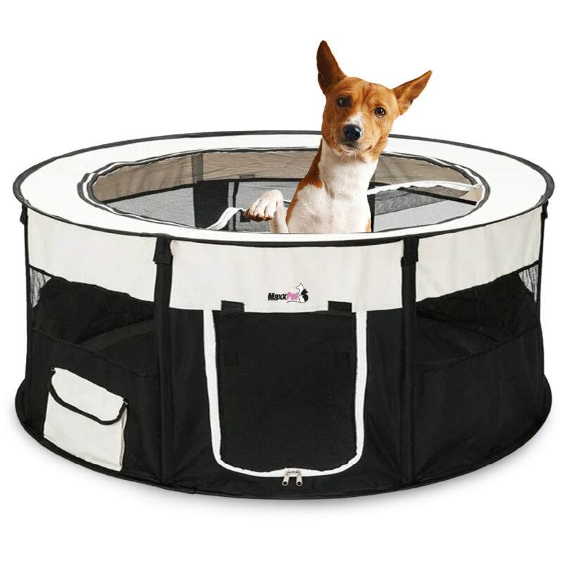 Maxxpet - Enclos pliable - Parc à chiens en tissu - Tente pour chiots - Banc de voyage rond - Parc à chiots pliable en nylon - 114x58cm - Noir