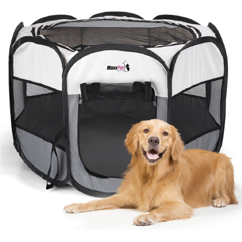 Maxxpet - Cage Pliable – Enclos de Voyage Rond – Parc à Chiot Pliable – Nylon – 125x60 cm – Gris