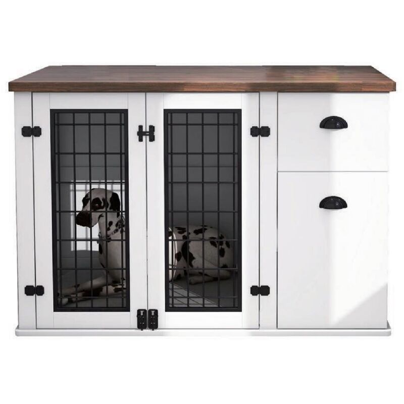 Maxxpet - Cage pour chien en bois 111x60x75 cm - Caisse pour chien - Cage pour chien pour la maison - Niche pour chien - Noyer/Blanc - white