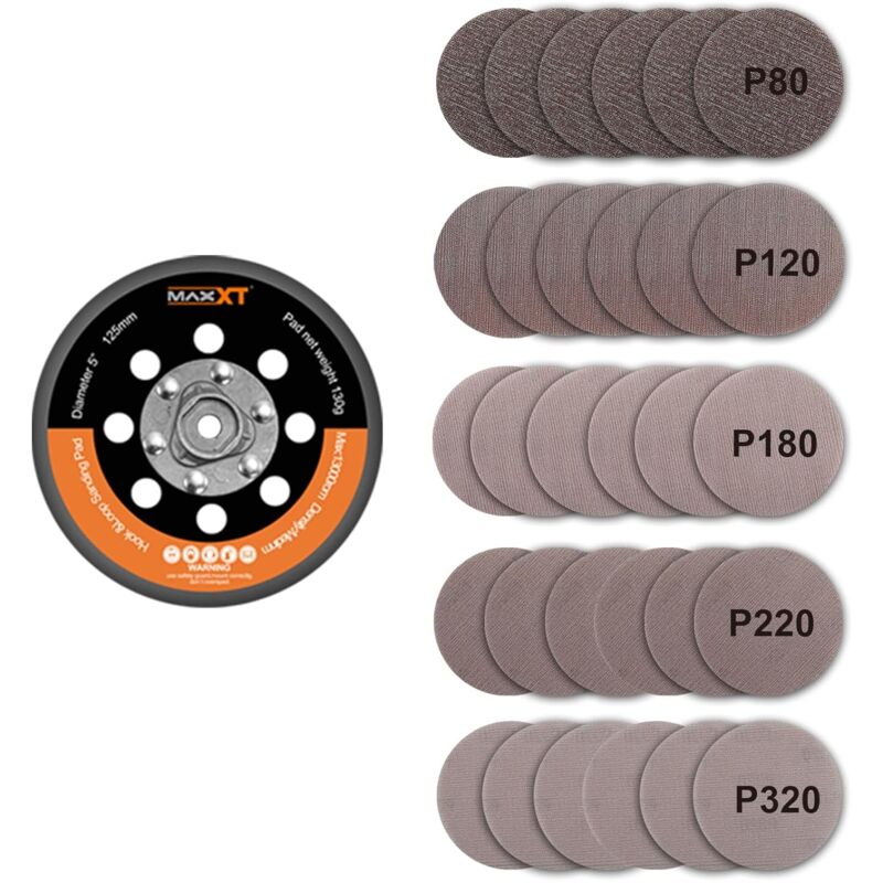 MAXXT 125mm Hook & Loop DA Sander Backing Plate Pad et 30pcs papier abrasif, Double Action Random Orbital Pad - Bord à profil bas, densité moyenne
