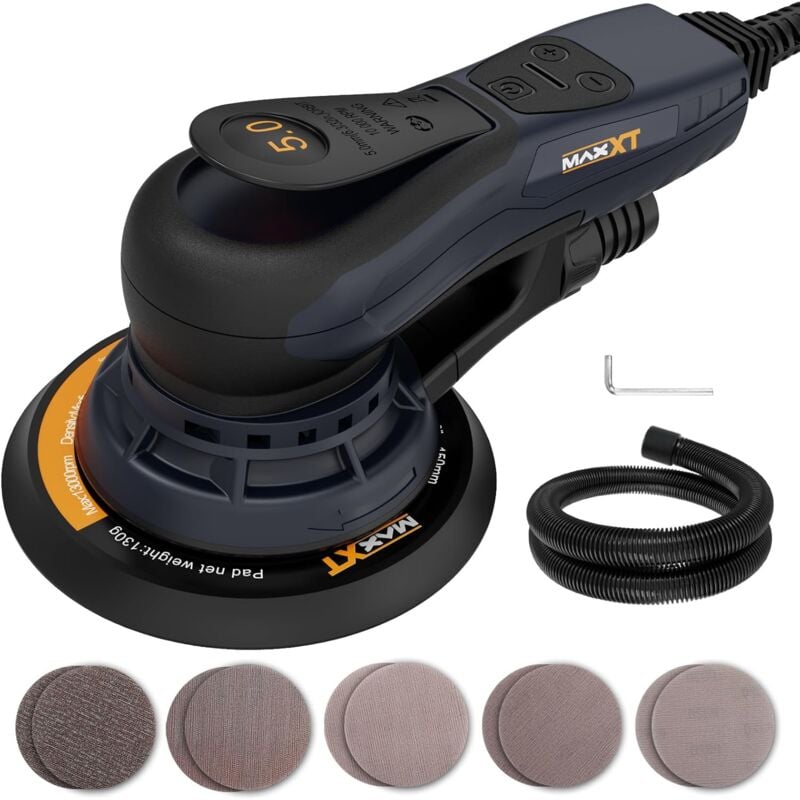 Câble 3-Core Mis à Jour de 5,0mm Ponceuse Orbitale Excentrique Sans Balais Multifonction à Vitesse Variable avec 10 Disques de Ponçage de 150mm pour