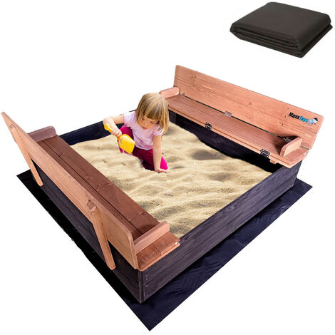 MAXXGARDEN MaxxToys Imprägniert Premium Sandkasten - Sandbox mit Abdeckung Sitzbänken - 100x95 cm - Holz Sandkastenvlies - Kinder-Sandkasten Spielplatz - Spielzeug