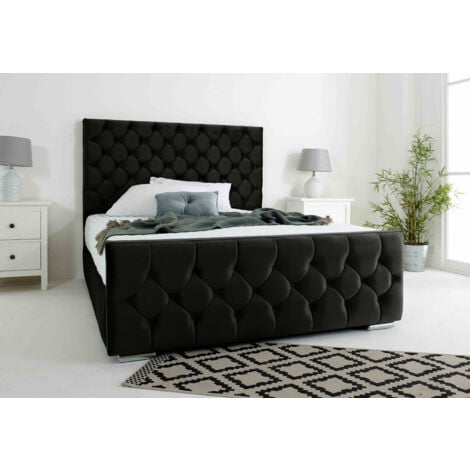 Maya Black Plush Velvet Matching Buttons King Bed Frame