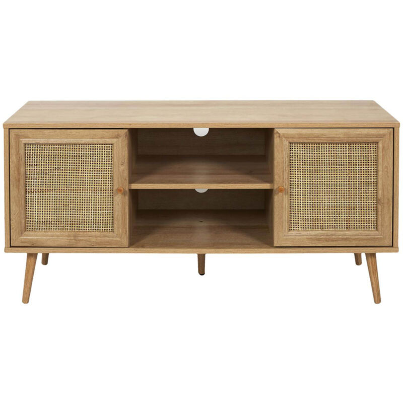 MAYA - Meuble TV 2 Portes Effet Bois et Façades Rotin