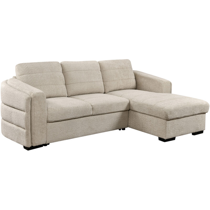 Mobilier Deco - maydi - Canapé d'angle convertible avec coffre en tissu bouclette beige - Angle droit