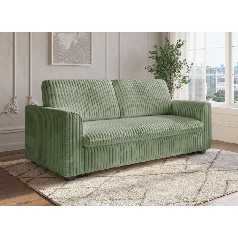 MAYLIE - Canapé convertible 3 places en velours côtelé épais vert MAYLIE