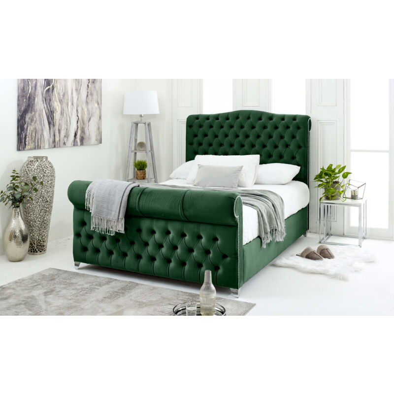 Maynard Green Plush Velvet Matching Buttons Single Bed Frame