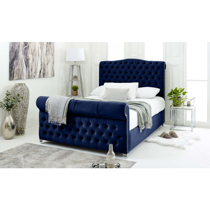 Maynard Blue Plush Velvet Matching Buttons Double Bed Frame
